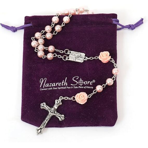 Nazareth Store Katholische rosa Perle Perlen Rosenkranz Halskette 6pcs Unsere Rose Lourdes Medaille & Kreuz NS