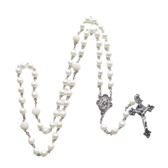 Katholische Rosenkranz-Perlenkette mit weißen Perlen, lange Halskette, Glas-Rosenkranzperlen, Kreuz und Medaille Anhänger, Unisex