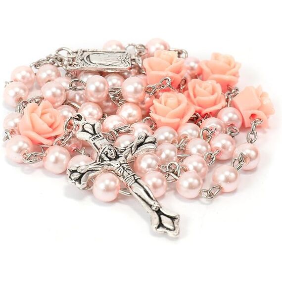 Nazareth Store Katholische rosa Perle Perlen Rosenkranz Halskette 6pcs Unsere Rose Lourdes Medaille & Kreuz NS
