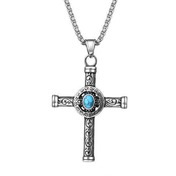 Flongo Türkis Keltischer Kreuzknoten Halskette：Vintage Kreuz Anhänger Edelstahl böhmische Kette religiöser keltischer Knoten Amulett Geburtstag Geschenk Halloween Weihnachten Herren Damen Geschenk