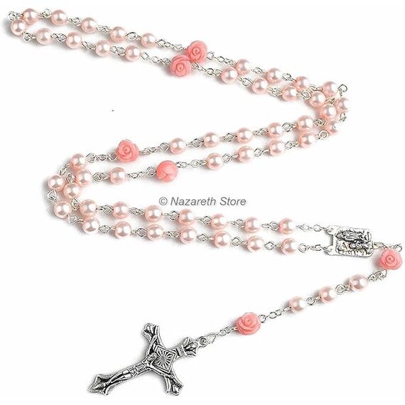 Nazareth Store Katholische rosa Perle Perlen Rosenkranz Halskette 6pcs Unsere Rose Lourdes Medaille & Kreuz NS