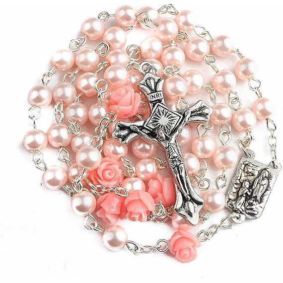 Nazareth Store Katholische rosa Perle Perlen Rosenkranz Halskette 6pcs Unsere Rose Lourdes Medaille & Kreuz NS