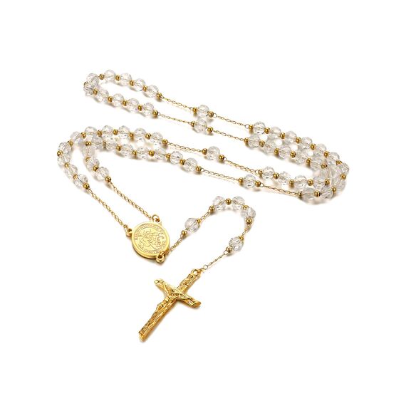 FaithHeart Rosenkranzkette Gold Rosenkranz Kreuz Kette Damen Herren Erzengel Michael Medaille Halskette Gebetskette Weiße Perlen Edelstahlkette Orthodoxes Rosary Necklace Heiliger Schmuck