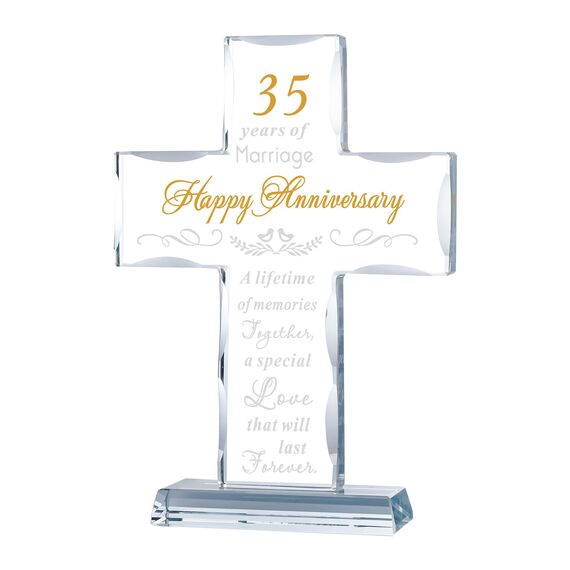 YWHL Kreuz zum 35. Hochzeitstag, Geschenke für Sie und Ihn, einzigartige Glaskreuz Geschenke mit romantischem Zitat, 35 Jahre Ehe Geschenke für Paare, Stehkreuz Geschenke für 35. Jahrestag Dekoration