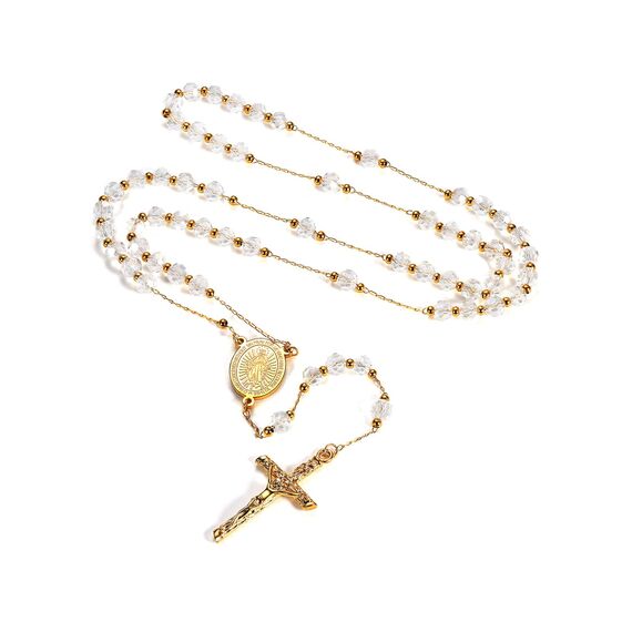 FaithHeart Rosenkranz Kette mit Maria Medaille Lange Rosenkranzkette Weiße Perlen Damen Kreuzkette Gold Herren Edelstahl Gebetskette Halskette Orthodoxes Kreuz Rosary Necklace Autorosenkranz Schmuck