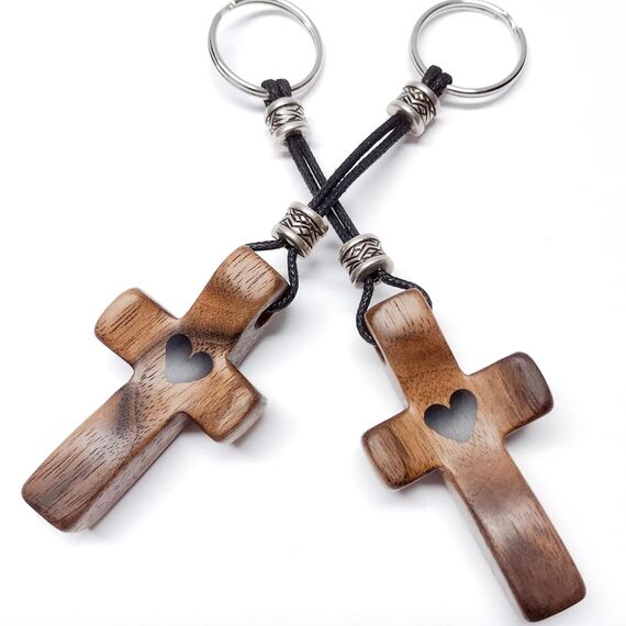 Yookin Holzkreuz mit Kreuz-Motiv, Schlüsselanhänger, Fingerspitze, Stressabbau, kleines Kreuz, Weihnachtsgeschenk, Handheld-Holzkreuz-Schlüsselanhänger, 2 Stück