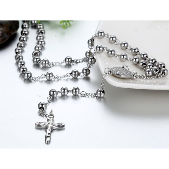 JewelryWe Schmuck Herren Edelstahl Halskette, Rosenkranz Jesus Christus Kruzifix Kreuz Kugelkette Kette, Silber 6mm Breit 75.5cm