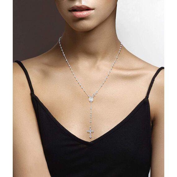 CASSIECA Damen Silberkette 925 Sterling Silber Rosenkranz Halskette Armband Religiöser Schmuck Set Kreuz Kette Maria Madonna Kreuzkette Anhänger Gliederkette Y Kette
