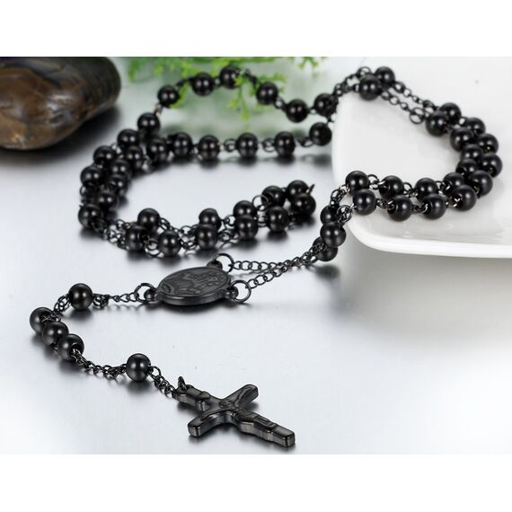 JewelryWe Schmuck Herren Edelstahl Halskette, Rosenkranz Jesus Christus Kruzifix Kreuz Kugelkette Kette, Schwarz 6mm Breit 75.5cm (Ostern Geschenk)