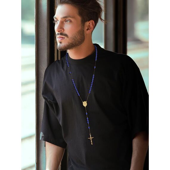 FaithHeart Kette Kreuz Damen Herren Rosenkranz Gold Halskette Edelstahl Rosenkranzkette Blaue Perlen Gebetskette mit Maria Medaille Kreuzkette Orthodoxes Rosary Necklace Schutz Amulett Schmuck