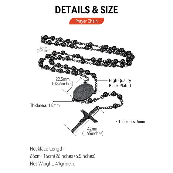 FaithHeart Kreuz Kette Herren Damen Rosenkranzkette für Auto Erzengel Michael Anhänger Halskette Gebetskette Schwarz Edelstahlkette Orthodoxes Rosary Necklace Amulett Schmuck