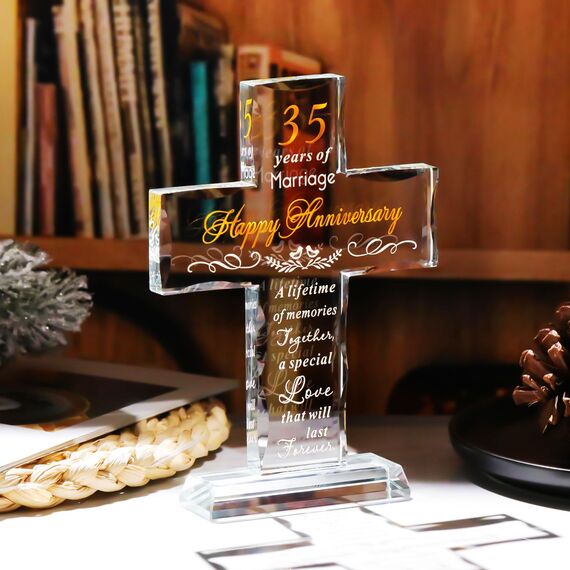 YWHL Kreuz zum 35. Hochzeitstag, Geschenke für Sie und Ihn, einzigartige Glaskreuz Geschenke mit romantischem Zitat, 35 Jahre Ehe Geschenke für Paare, Stehkreuz Geschenke für 35. Jahrestag Dekoration