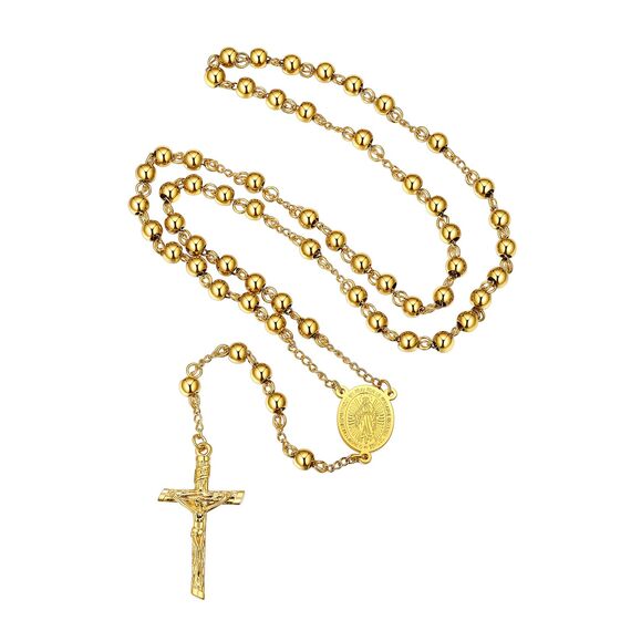 FaithHeart Auto Rosenkranz Kette für Damen Herren Kreuzkette Gold Rosenkranzkette mit Orthodoxes Kreuz Gebetskette Maria Halskette Wundertätige Medaille Edelstahl Cross Chain Rosary Necklace Schmuck