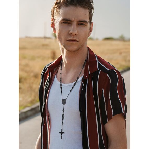 FaithHeart Kreuz Kette Herren Damen Rosenkranzkette für Auto Erzengel Michael Anhänger Halskette Gebetskette Schwarz Edelstahlkette Orthodoxes Rosary Necklace Amulett Schmuck