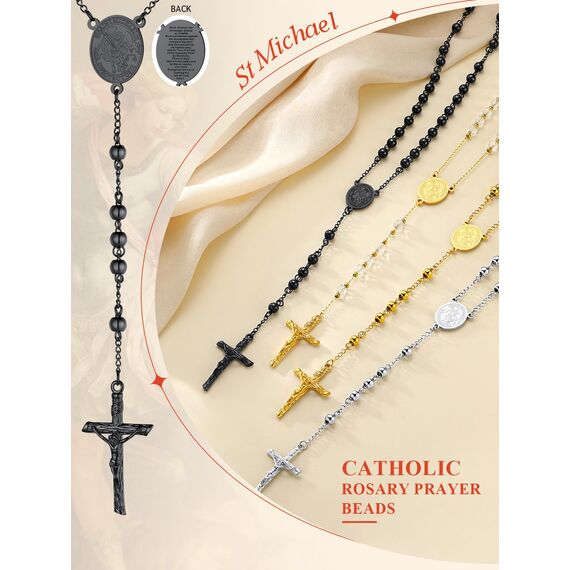 FaithHeart Kreuz Kette Herren Damen Rosenkranzkette für Auto Erzengel Michael Anhänger Halskette Gebetskette Schwarz Edelstahlkette Orthodoxes Rosary Necklace Amulett Schmuck