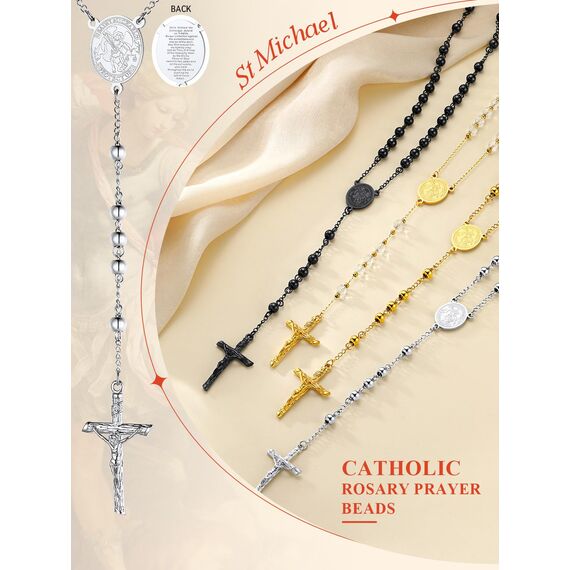 FaithHeart Rosenkranz Kette Herren Damen Kreuzkette Rosenkranzkette Auto Erzengel Michael Halskette Edelstahlkette Orthodoxes Kreuz Rosary Necklace Schutz Amulett Schmuck