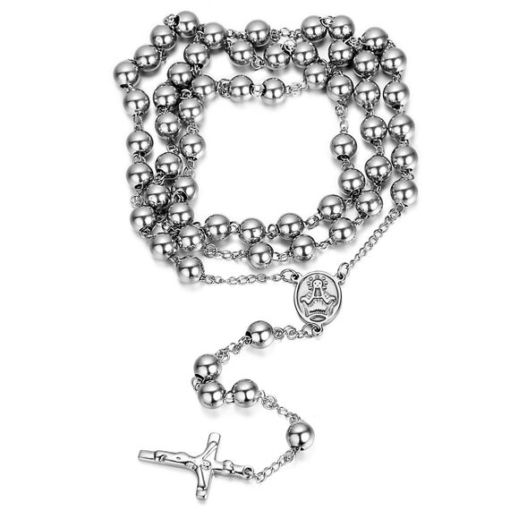 JewelryWe Schmuck Herren Edelstahl Halskette, Rosenkranz Jesus Christus Kruzifix Kreuz Kugelkette Kette, Silber 95cm, mit Geschenk Tüte