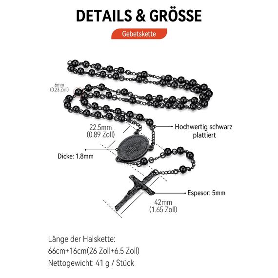 FaithHeart Kreuz Kette Schwarz Herren Damen Edelstahl Rosenkranzkette Lang Rosenkranz Kommunion Halskette Jungfrau Maria Gebetskette Orthodox Cross Chain Rosary Necklace Modeschmuck