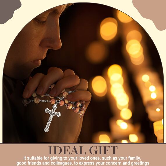HICARER Holz Rosenkranz Schmuck Taufe Kugelkette Gebetskette Katholisch Hölzerne Kette Holz Kruzifix Medaille für Herren Damen Christliche