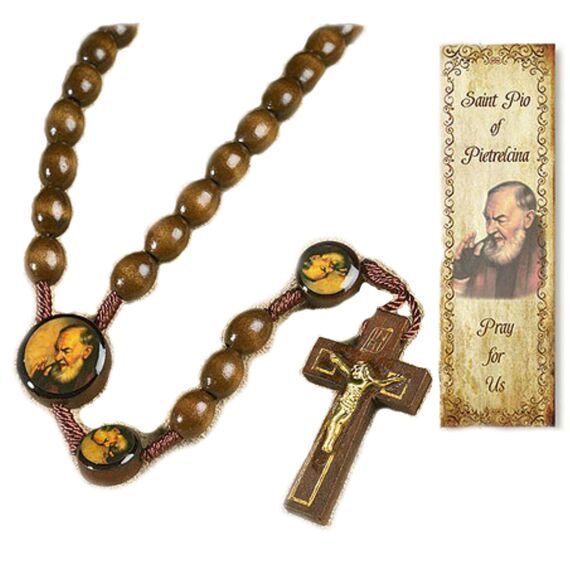 Autom Rosenkranz St. Padre Pio Pietrelcina 10 mm Holzperle 48,3 cm Kordel Rosenkranz mit Gebetskarte (Originalversion)