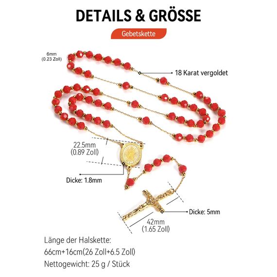 FaithHeart Rosenkranz Gold Damen Herren Kreuz Kette Edelstahl Jesus Halskette mit Maria Gebetskette Wundertätige Medaille Rosenkranzkette Rote Perlen Kreuzkette Orthodoxes Rosary Necklace Schmuck