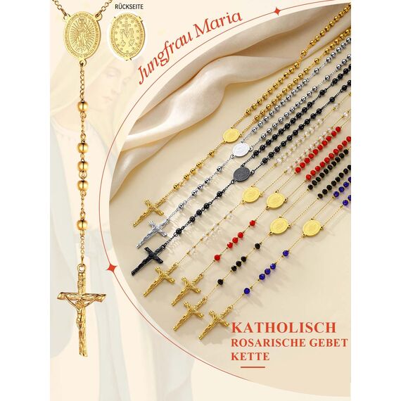 FaithHeart Auto Rosenkranz Kette für Damen Herren Kreuzkette Gold Rosenkranzkette mit Orthodoxes Kreuz Gebetskette Maria Halskette Wundertätige Medaille Edelstahl Cross Chain Rosary Necklace Schmuck