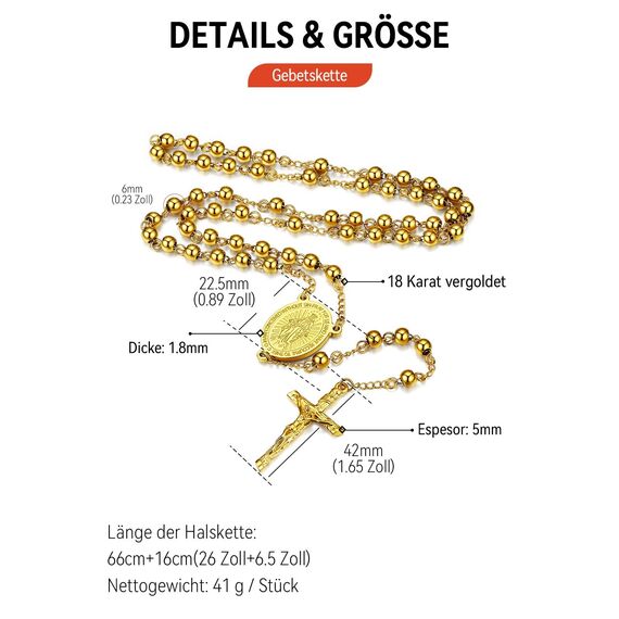 FaithHeart Auto Rosenkranz Kette für Damen Herren Kreuzkette Gold Rosenkranzkette mit Orthodoxes Kreuz Gebetskette Maria Halskette Wundertätige Medaille Edelstahl Cross Chain Rosary Necklace Schmuck