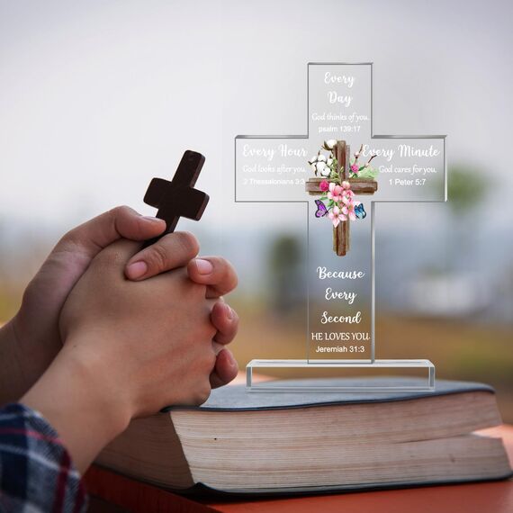 Chunful Christliches Jesus-Geschenk aus Acryl, stehendes Kreuz, religiöse, inspirierende Geschenke mit Bibelvers und Gebeten, Sonnenblumenkreuz für Freunde, Mutter, Ehefrau, Kollegin (frischer Stil)
