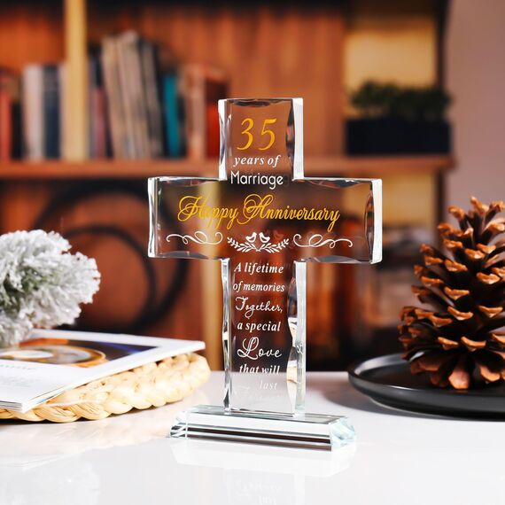 YWHL Kreuz zum 35. Hochzeitstag, Geschenke für Sie und Ihn, einzigartige Glaskreuz Geschenke mit romantischem Zitat, 35 Jahre Ehe Geschenke für Paare, Stehkreuz Geschenke für 35. Jahrestag Dekoration