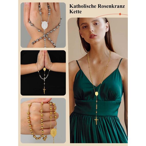 FaithHeart Auto Rosenkranz Kette für Damen Herren Kreuzkette Gold Rosenkranzkette mit Orthodoxes Kreuz Gebetskette Maria Halskette Wundertätige Medaille Edelstahl Cross Chain Rosary Necklace Schmuck
