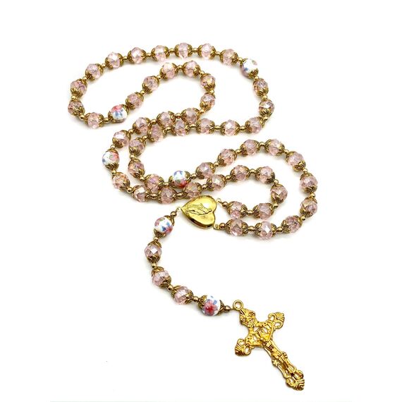 Nazareth Store Katholische Rosa Kristall Perlen Gold Rosenkranz Blumen Perlen Halskette Holy Mary Herz Medaillon Medaille & Kreuz Religiöses Amulett für Frauen