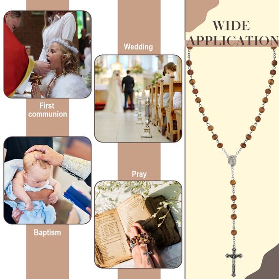 HICARER Holz Rosenkranz Schmuck Taufe Kugelkette Gebetskette Katholisch Hölzerne Kette Holz Kruzifix Medaille für Herren Damen Christliche