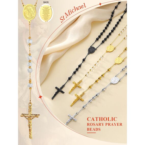 FaithHeart Rosenkranzkette Gold Rosenkranz Kreuz Kette Damen Herren Erzengel Michael Medaille Halskette Gebetskette Weiße Perlen Edelstahlkette Orthodoxes Rosary Necklace Heiliger Schmuck