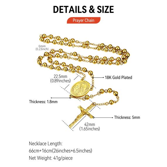 FaithHeart Rosenkranz Kette Gold Damen Herren Kreuzkette für Auto Rosenkranzkette Sankt Michael Halskette Edelstahlkette Orthodoxes Kreuz Rosary Necklace Religiöse Schmuck