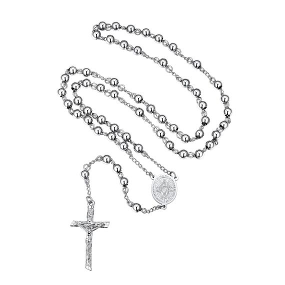 FaithHeart Rosenkranz Halskette für Damen Herren Orthodoxes Kreuzkette Edelstahl Rosenkranzkette Lange Jesus Kette mit Maria Gebetskette Silber Wundertätige Medaille Rosary Necklace Schmuck