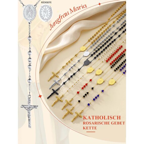 FaithHeart Rosenkranz Gold Damen Herren Kreuz Kette Edelstahl Jesus Halskette mit Maria Gebetskette Wundertätige Medaille Rosenkranzkette Rote Perlen Kreuzkette Orthodoxes Rosary Necklace Schmuck