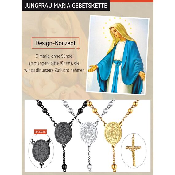 FaithHeart Auto Rosenkranz Kette für Damen Herren Kreuzkette Gold Rosenkranzkette mit Orthodoxes Kreuz Gebetskette Maria Halskette Wundertätige Medaille Edelstahl Cross Chain Rosary Necklace Schmuck