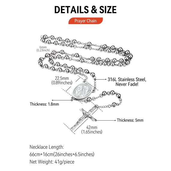 FaithHeart Rosenkranz Kette Herren Damen Kreuzkette Rosenkranzkette Auto Erzengel Michael Halskette Edelstahlkette Orthodoxes Kreuz Rosary Necklace Schutz Amulett Schmuck