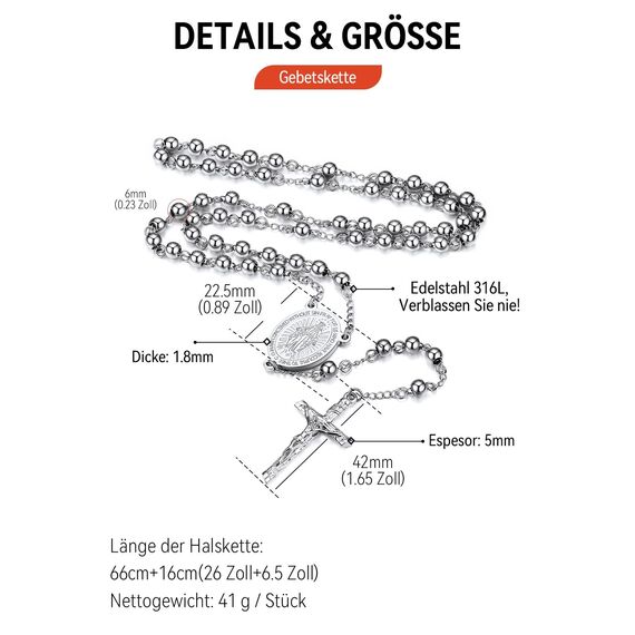 FaithHeart Rosenkranz Halskette für Damen Herren Orthodoxes Kreuzkette Edelstahl Rosenkranzkette Lange Jesus Kette mit Maria Gebetskette Silber Wundertätige Medaille Rosary Necklace Schmuck