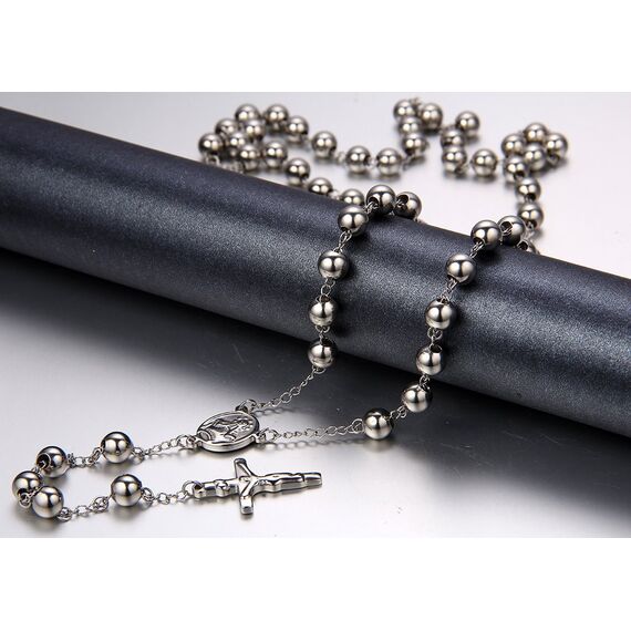 JewelryWe Schmuck Herren Edelstahl Halskette, Rosenkranz Jesus Christus Kruzifix Kreuz Kugelkette Kette, Silber 95cm, mit Geschenk Tüte