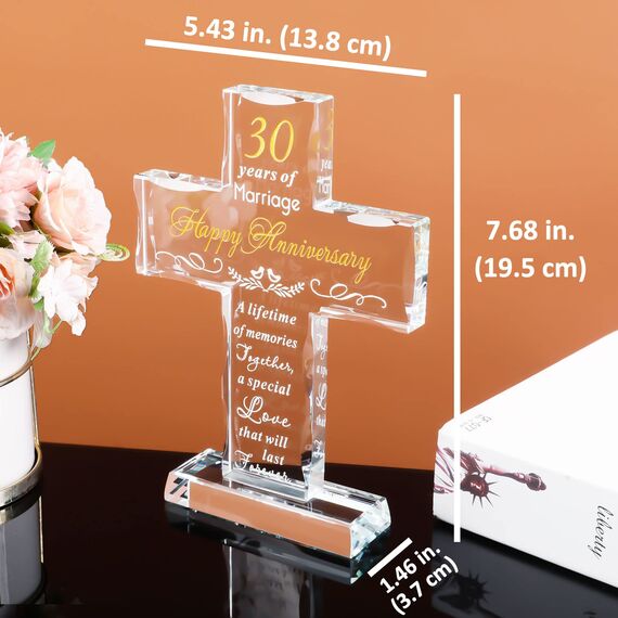 YWHL 30 Years Anniversary Cross Gifts for Him Her, 30th Wedding Anniversary Meaningful Gifts for Couples, Glass Cross Keepsake with Steanding Base, 30 Years of Marriage Gift