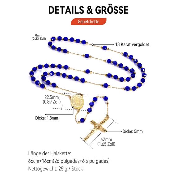 FaithHeart Kette Kreuz Damen Herren Rosenkranz Gold Halskette Edelstahl Rosenkranzkette Blaue Perlen Gebetskette mit Maria Medaille Kreuzkette Orthodoxes Rosary Necklace Schutz Amulett Schmuck