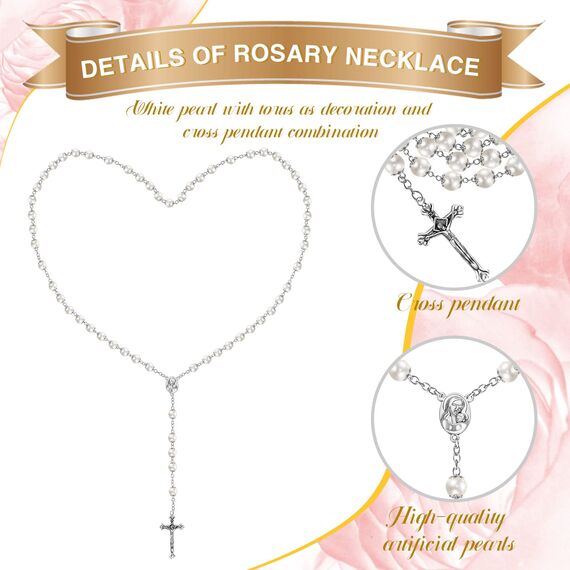 Katholische Rosenkranz-Perlenkette mit weißen Perlen, lange Halskette, Glas-Rosenkranzperlen, Kreuz und Medaille Anhänger, Unisex