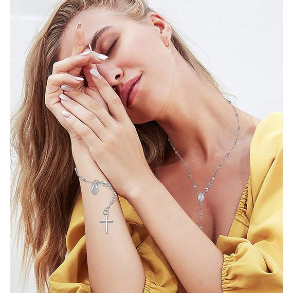 CASSIECA Damen Silberkette 925 Sterling Silber Rosenkranz Halskette Armband Religiöser Schmuck Set Kreuz Kette Maria Madonna Kreuzkette Anhänger Gliederkette Y Kette