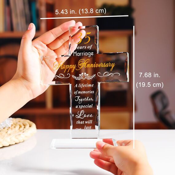 YWHL Kreuz zum 35. Hochzeitstag, Geschenke für Sie und Ihn, einzigartige Glaskreuz Geschenke mit romantischem Zitat, 35 Jahre Ehe Geschenke für Paare, Stehkreuz Geschenke für 35. Jahrestag Dekoration