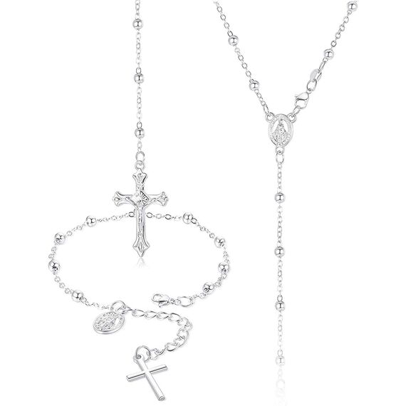 CASSIECA Damen Silberkette 925 Sterling Silber Rosenkranz Halskette Armband Religiöser Schmuck Set Kreuz Kette Maria Madonna Kreuzkette Anhänger Gliederkette Y Kette