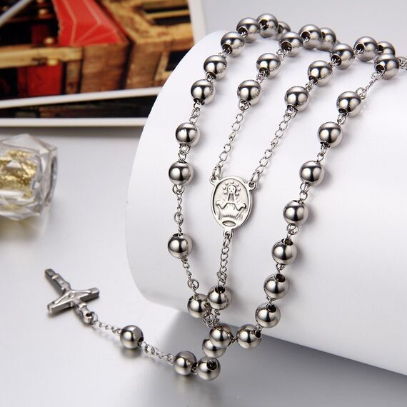 JewelryWe Schmuck Herren Edelstahl Halskette, Rosenkranz Jesus Christus Kruzifix Kreuz Kugelkette Kette, Silber 95cm, mit Geschenk Tüte