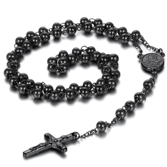 JewelryWe Schmuck Herren Edelstahl Halskette, Rosenkranz Jesus Christus Kruzifix Kreuz Kugelkette Kette, Schwarz 6mm Breit 75.5cm (Ostern Geschenk)