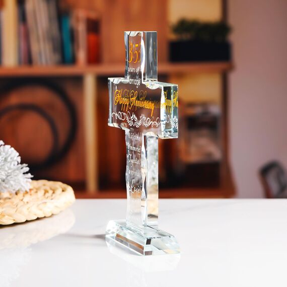 YWHL Kreuz zum 35. Hochzeitstag, Geschenke für Sie und Ihn, einzigartige Glaskreuz Geschenke mit romantischem Zitat, 35 Jahre Ehe Geschenke für Paare, Stehkreuz Geschenke für 35. Jahrestag Dekoration
