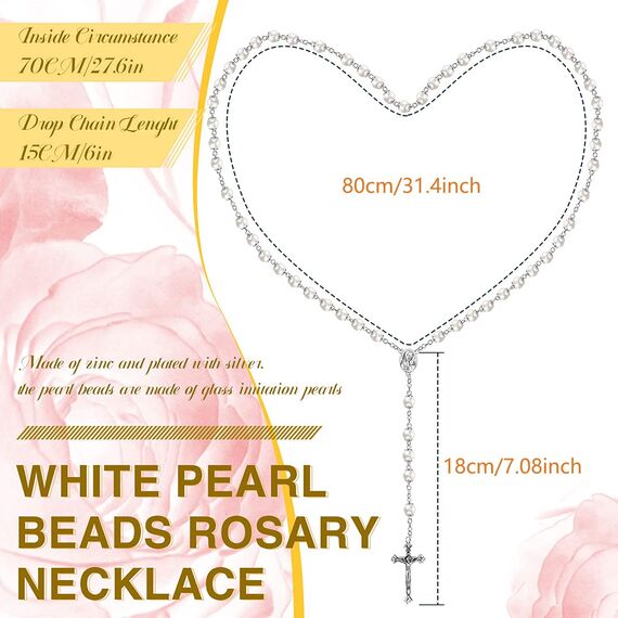 Katholische Rosenkranz-Perlenkette mit weißen Perlen, lange Halskette, Glas-Rosenkranzperlen, Kreuz und Medaille Anhänger, Unisex
